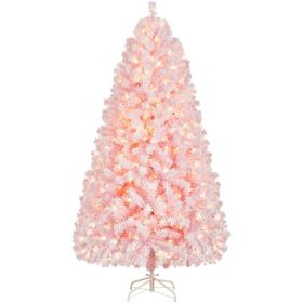 6 Ft Pre-lit Flocked Christmas Tree with Warm Lights, Pink