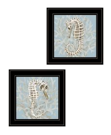 "Coral Seahorse Collection" 2-Piece Vignette By Cindy Jacobs, Ready to Hang Framed Print, Black Frame (Color: as Pic)